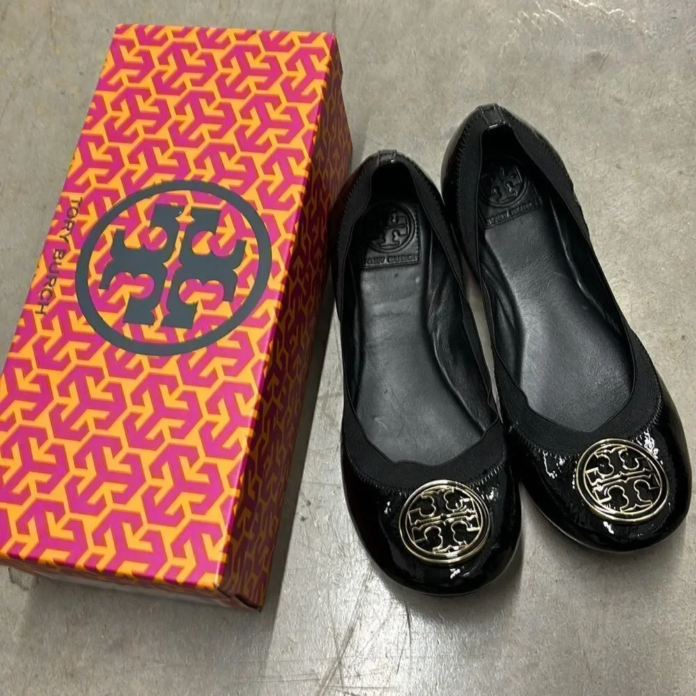 Tory Burch Caroline Naplak  Elastic Leather Slip On Ballet Flats in Black 9.5